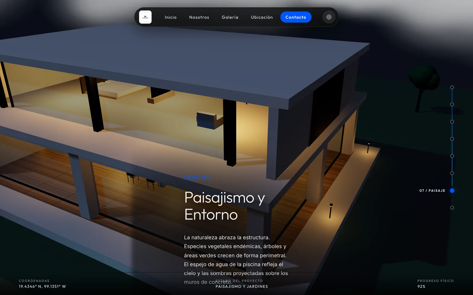 Landing 3D de CARHEMA con la casa procedural construida