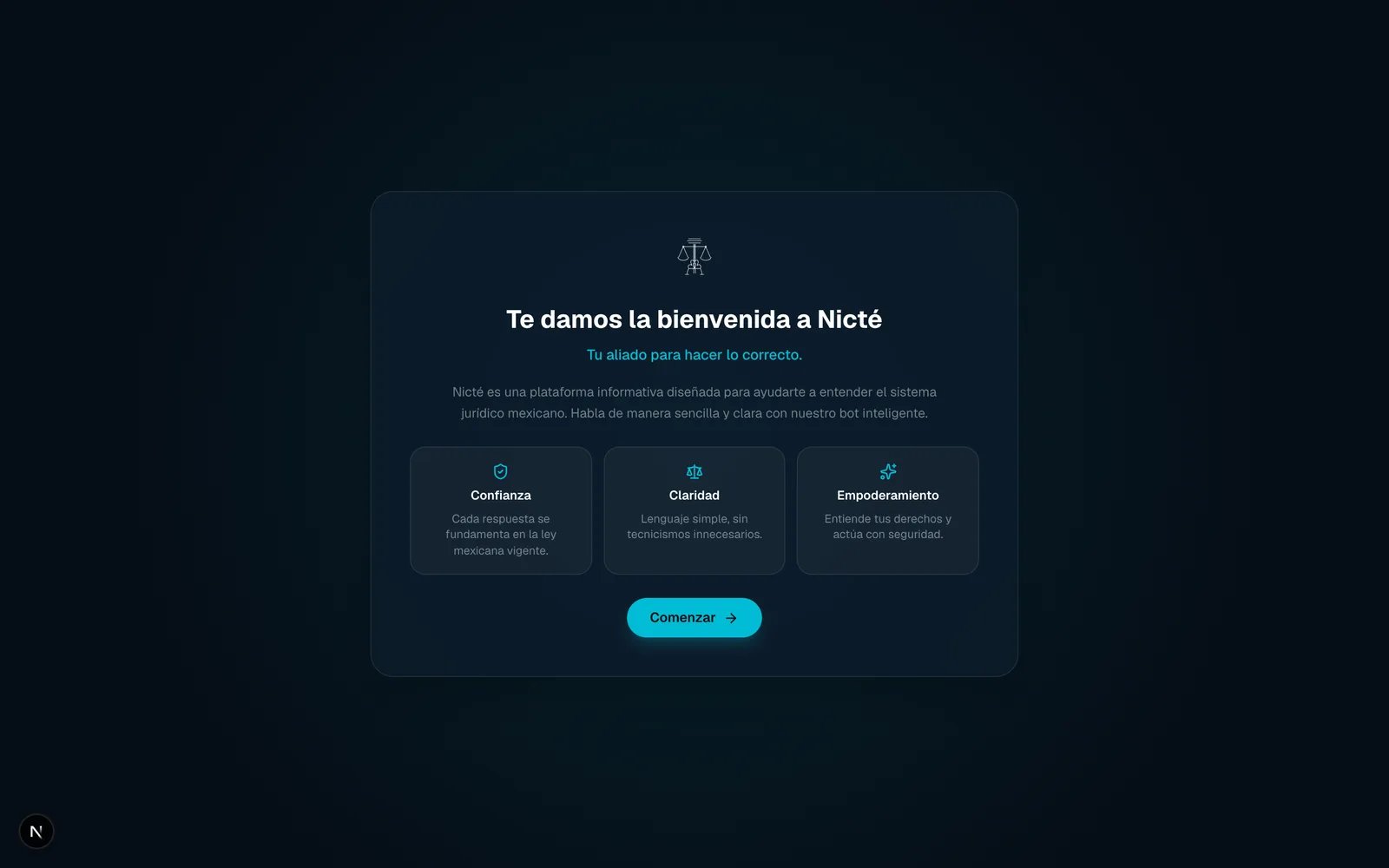 Pantalla de bienvenida de la plataforma legal Nicté