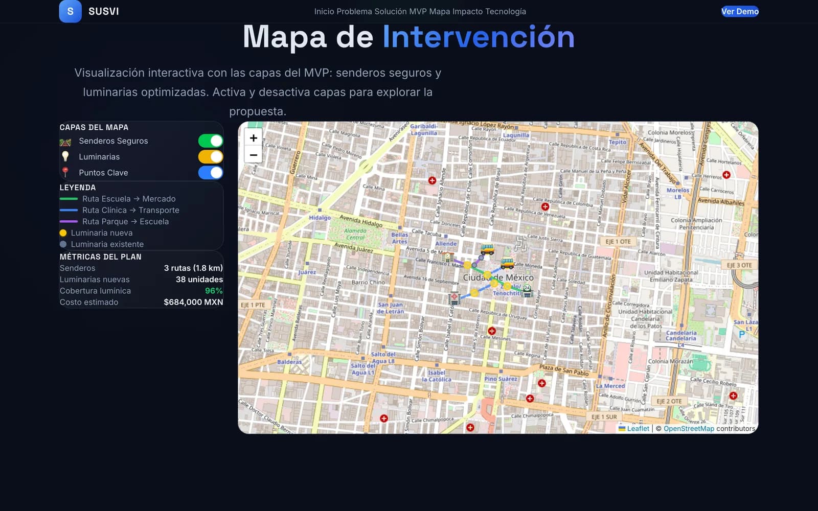 Mapa de intervención de SUSVI con capas de senderos, luminarias y puntos clave
